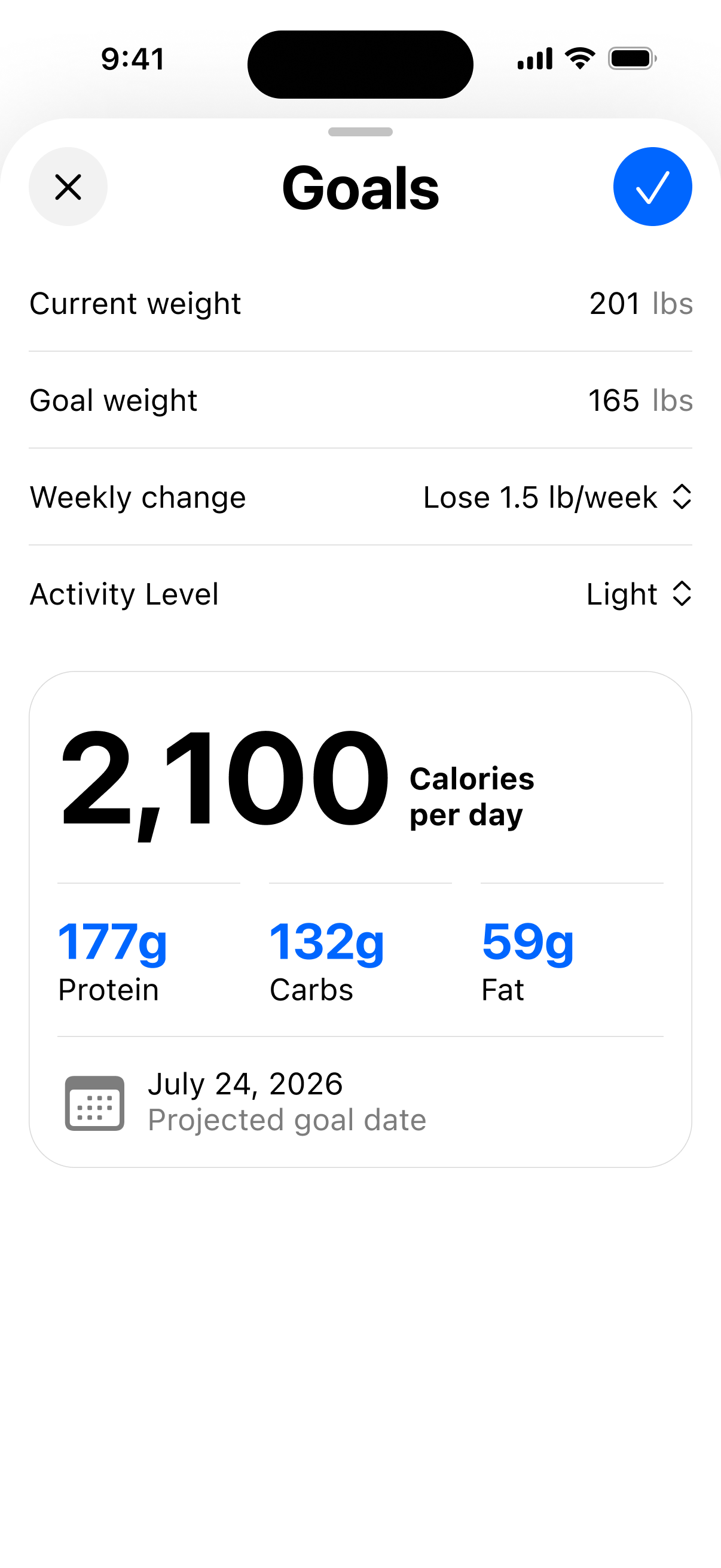 Downward goals setup screen