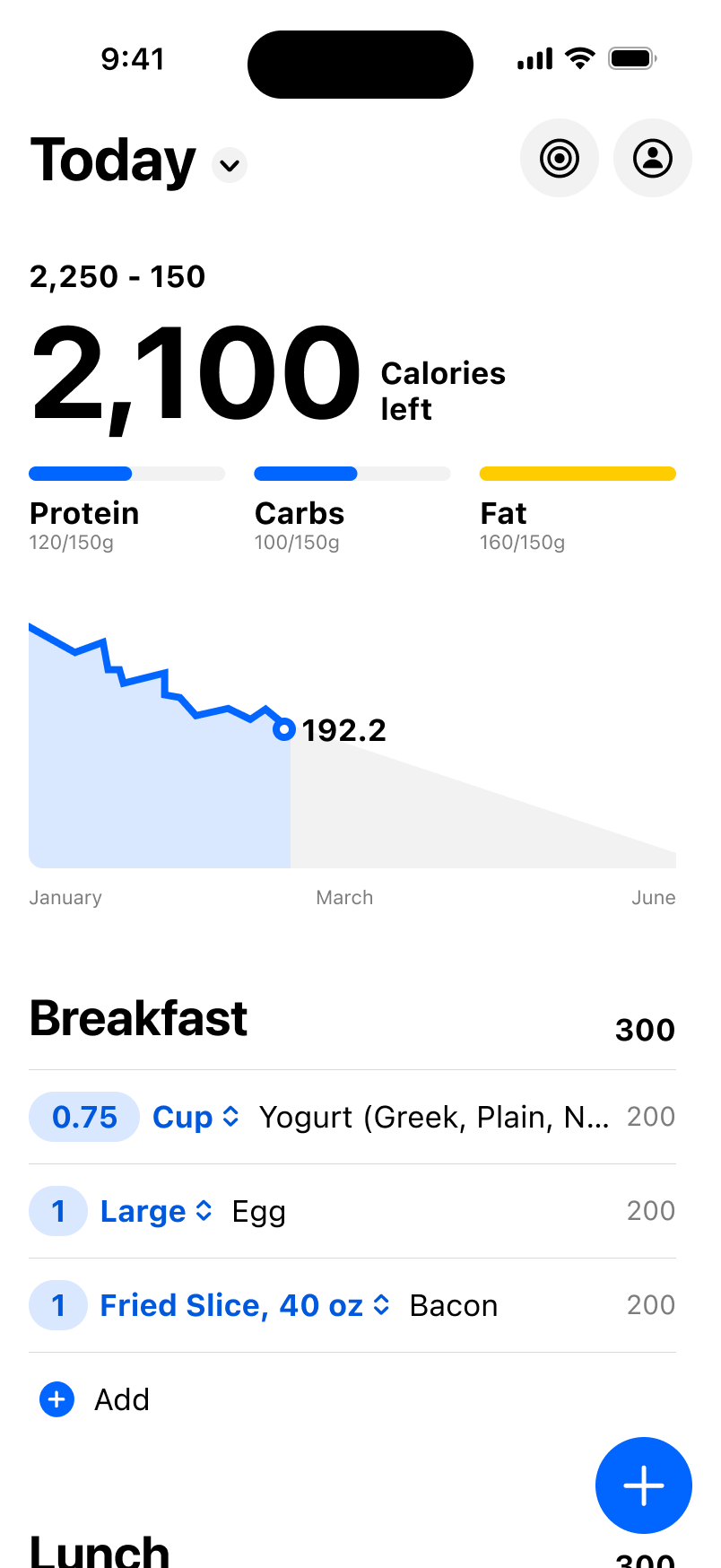 Downward home screen showing calorie equation and macro bars